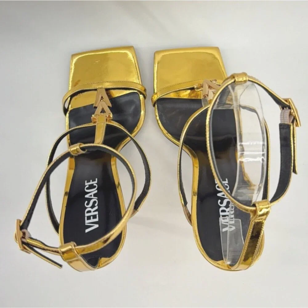 Versace V2025 Chain Metallic Leather Heels Gold 105mm Stiletto Sandals Size 39